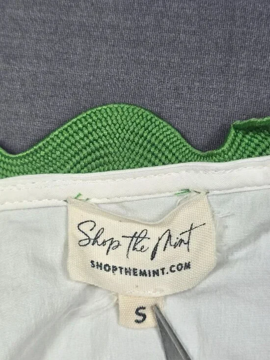 White Midi Dress With Green & Pink Ruffle Trim Short Puff Sleeves Shop The Mint - Picture 3 of 4